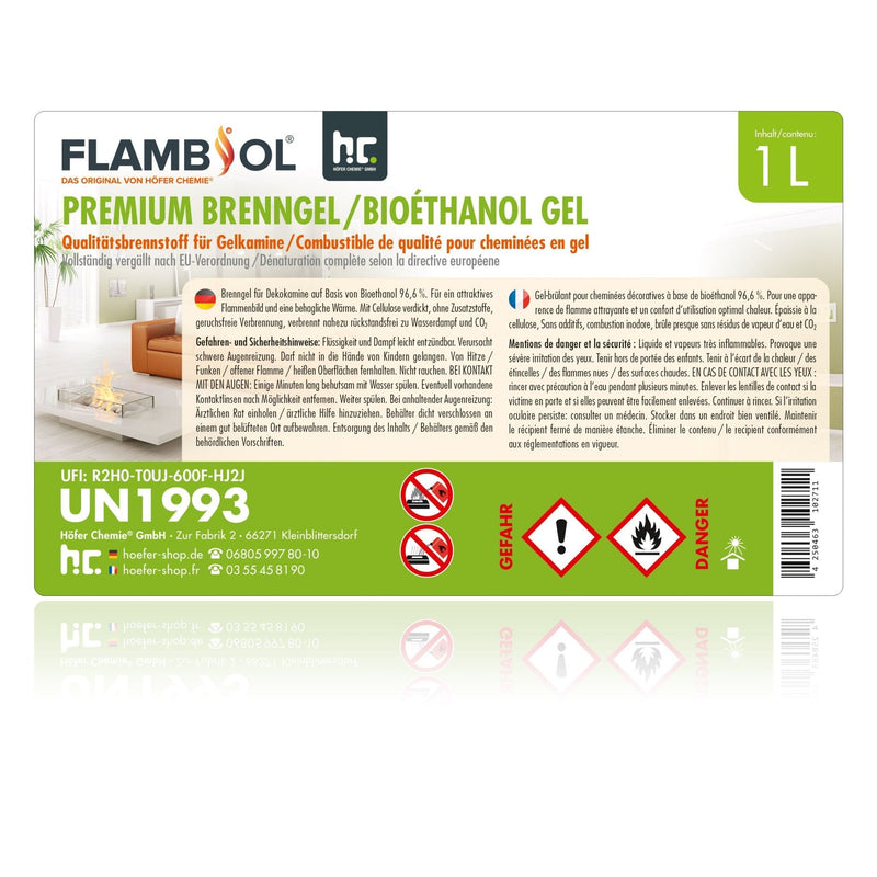 1 L FLAMBIOL® Premium Brenngel aus Bioethanol für Tischfeuer in Flaschen - Höfer Chemie GmbH