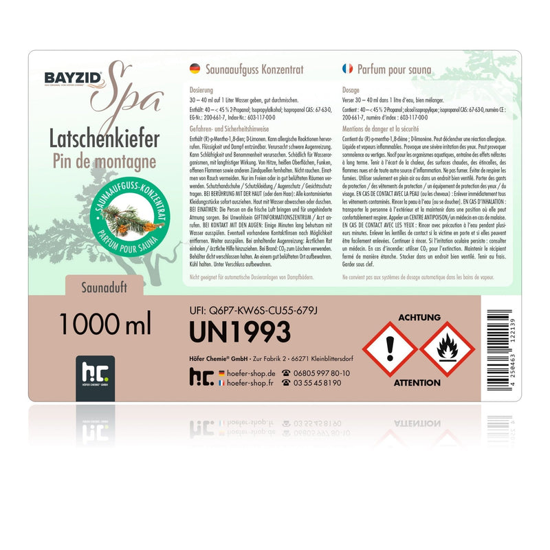 Parfum de sauna BAYZID® SPA - Pin de montagne en bouteille de 1 L