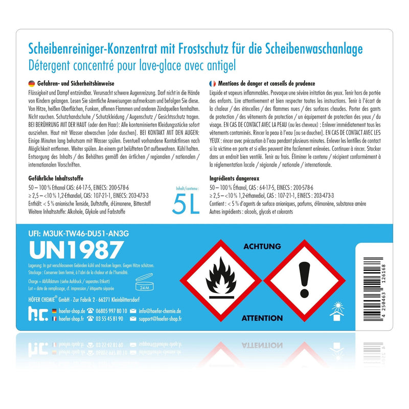 5 L Premium Scheiben Frostschutz - 60 Grad Konzentrat - Höfer Chemie GmbH