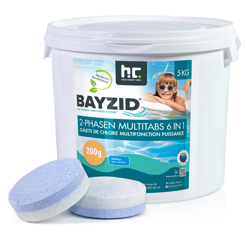 Galets de chlore biphase 6en1 de 200g BAYZID® en pot de 5 KG