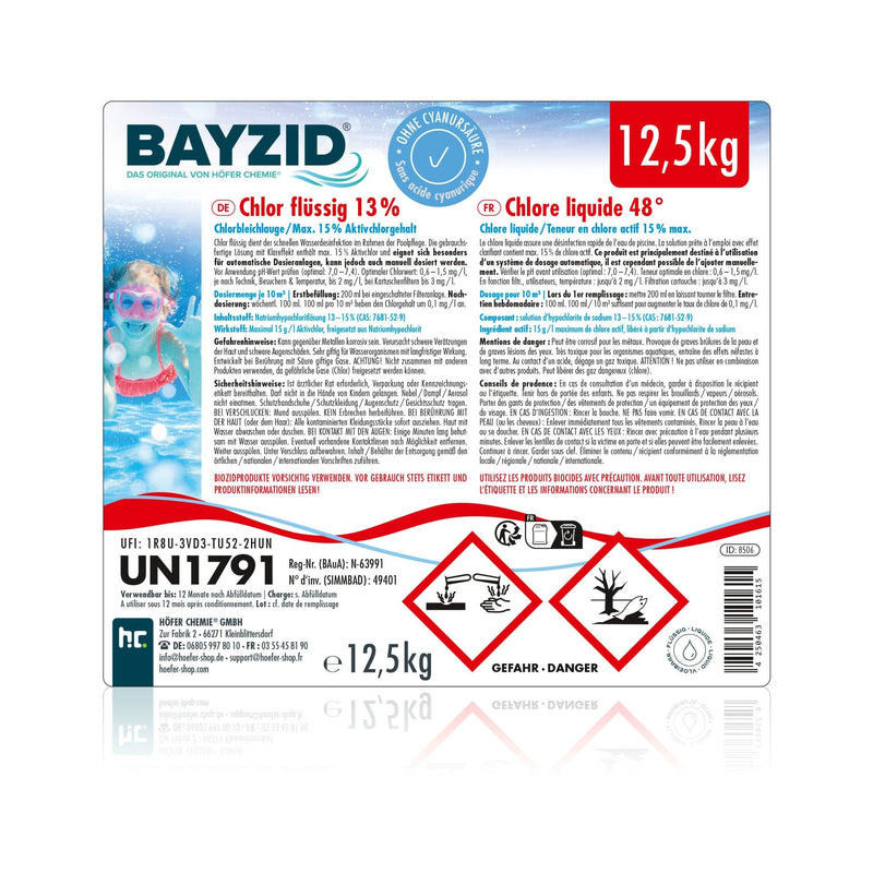 12,5 kg BAYZID® Chlor 13% flüssig für Pools in Kanister - Höfer Chemie GmbH