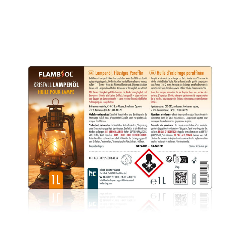 1 L FLAMBIOL® Lampenöl Hochrein Kristallklar in Flaschen - Höfer Chemie GmbH