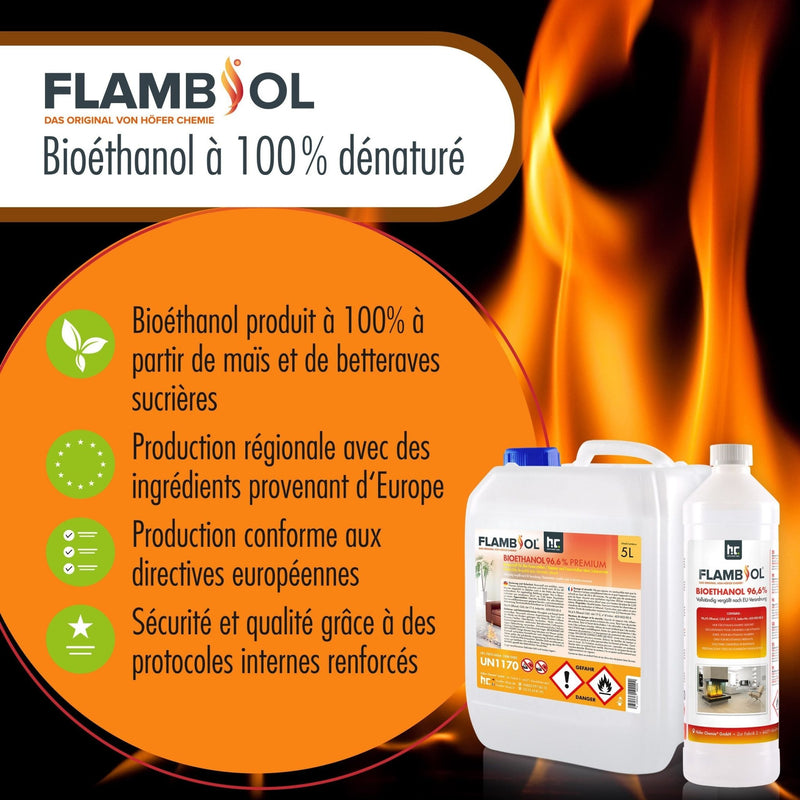 5 L FLAMBIOL® Bioethanol 96,6% Premium für Ethanol - Brenner oder Kamine - Höfer Chemie GmbH