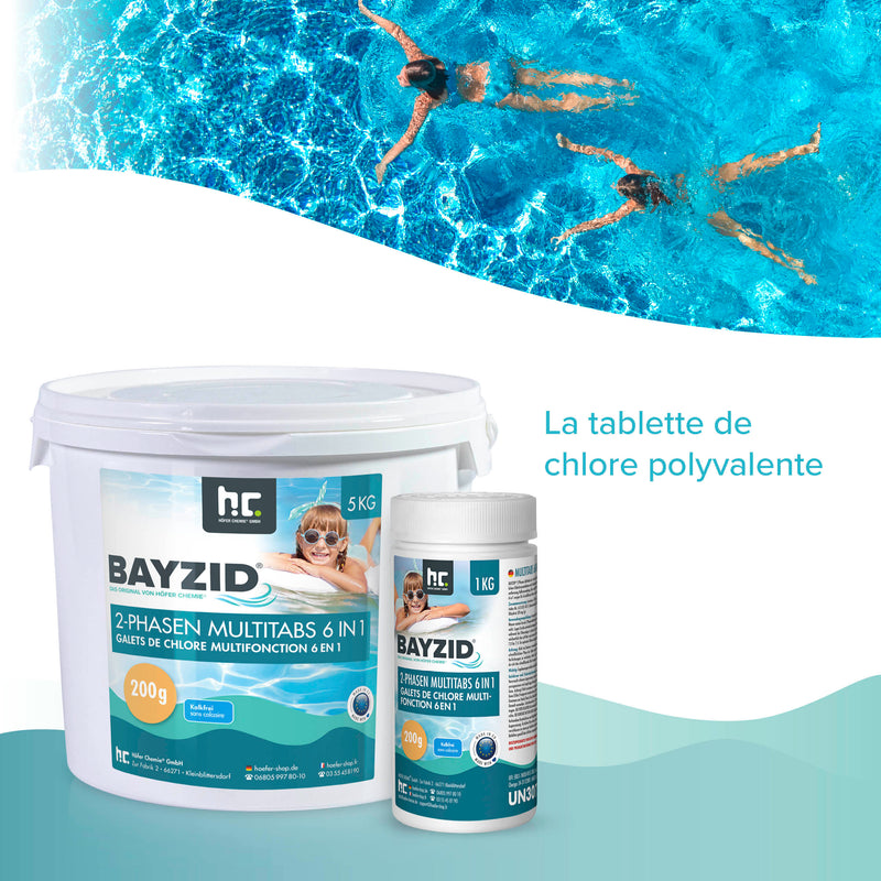 Galets de chlore biphase 6en1 de 200g BAYZID® en pot de 5 KG