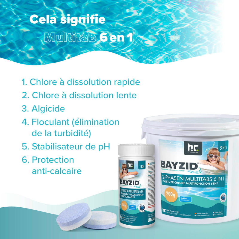 Galets de chlore biphase 6en1 de 200g BAYZID® en pot de 5 KG