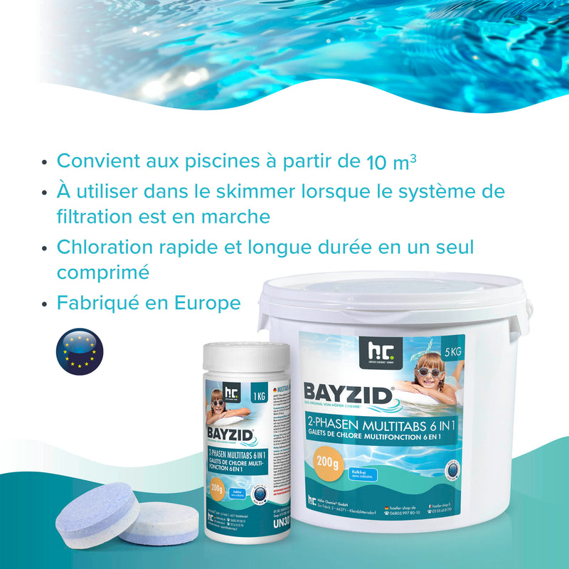 Galets de chlore biphase 6en1 de 200g BAYZID® en pot de 5 KG