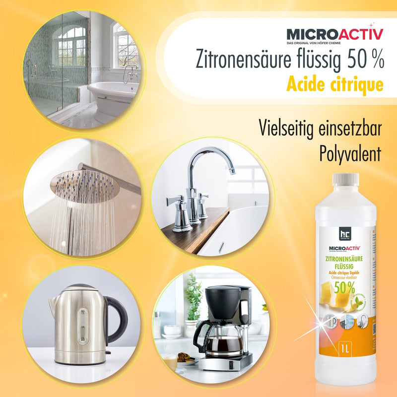 1 L Microactiv® Zitronensäure 50% flüssig Entkalker in Flaschen - Höfer Chemie GmbH