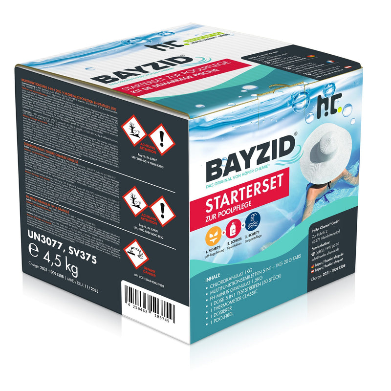 BAYZID® Kit de démarrage pour l'entretien de l'eau de piscine, 7 pièces, avec chlore, pH Moins et multi-pastilles