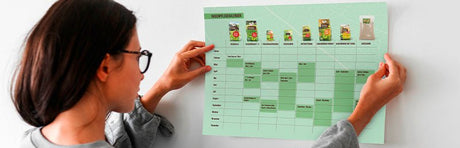 Eine Frau sieht sich den Höfer Chemie Rasenkalender an.