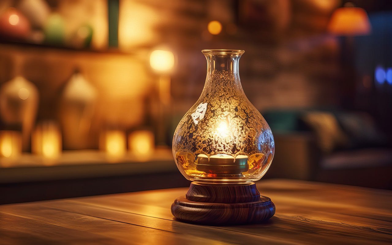 Eine Lampe brennt auf dem Tisch