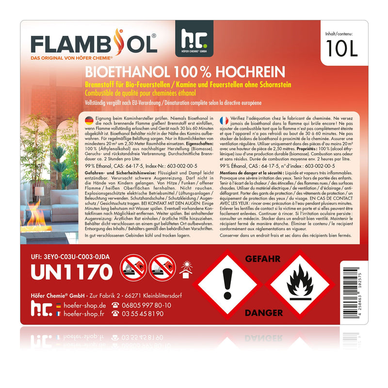 10 L FLAMBIOL® Bioethanol 100% Hochrein in Kanister