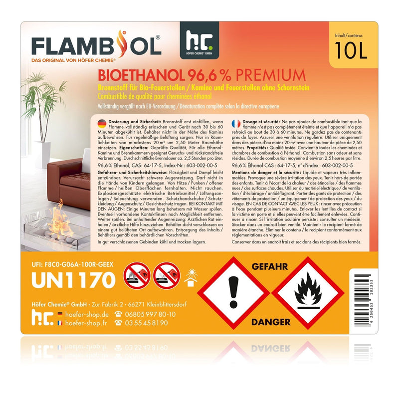 10 L FLAMBIOL® Bioethanol 96,6% Premium für Ethanolkamin in Kanistern - Höfer Chemie GmbH