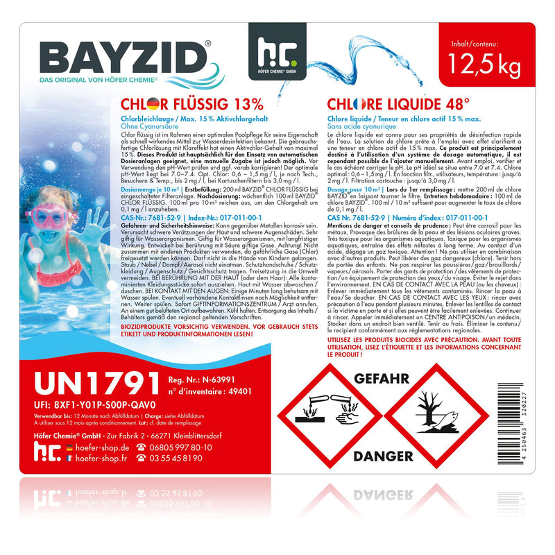 12,5 kg BAYZID® Chlor 13% flüssig für Pools in Kanister