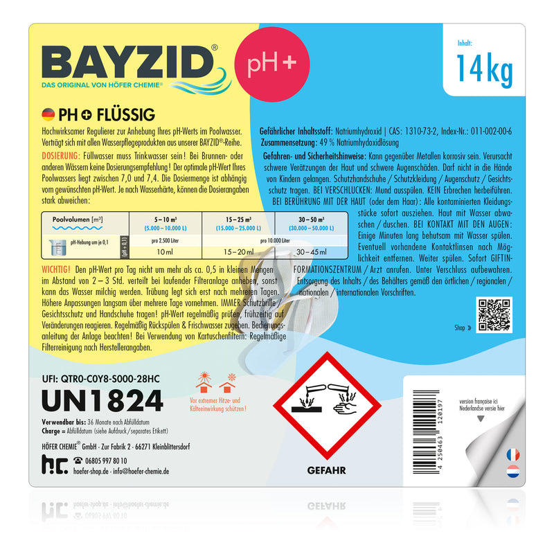 14 kg BAYZID® pH Plus vloeistof voor zwembaden in jerrycans