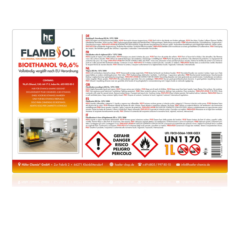 1 L FLAMBIOL® Bioethanol 96,6% Premium für Ethanol-Tischkamin