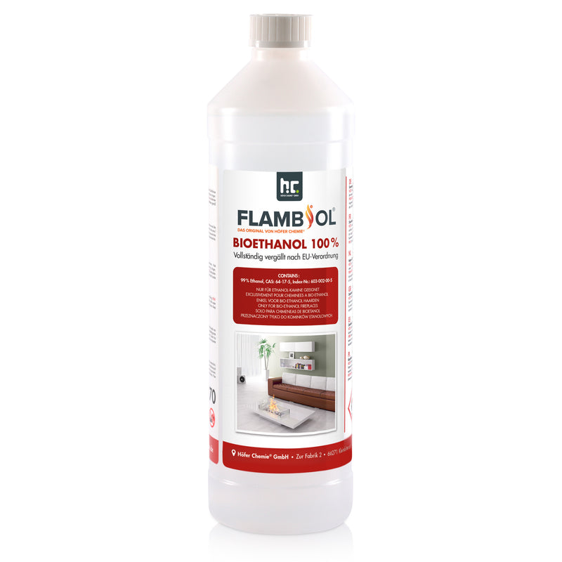 1 L FLAMBIOL® Bioethanol Hochrein 100 % in Flaschen für Edelstahl-Tisch-Kamine