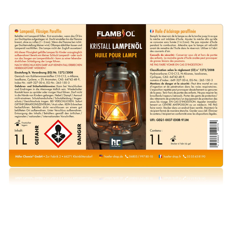 1 L FLAMBIOL® lampolie, zeer zuiver, glashelder in flessen