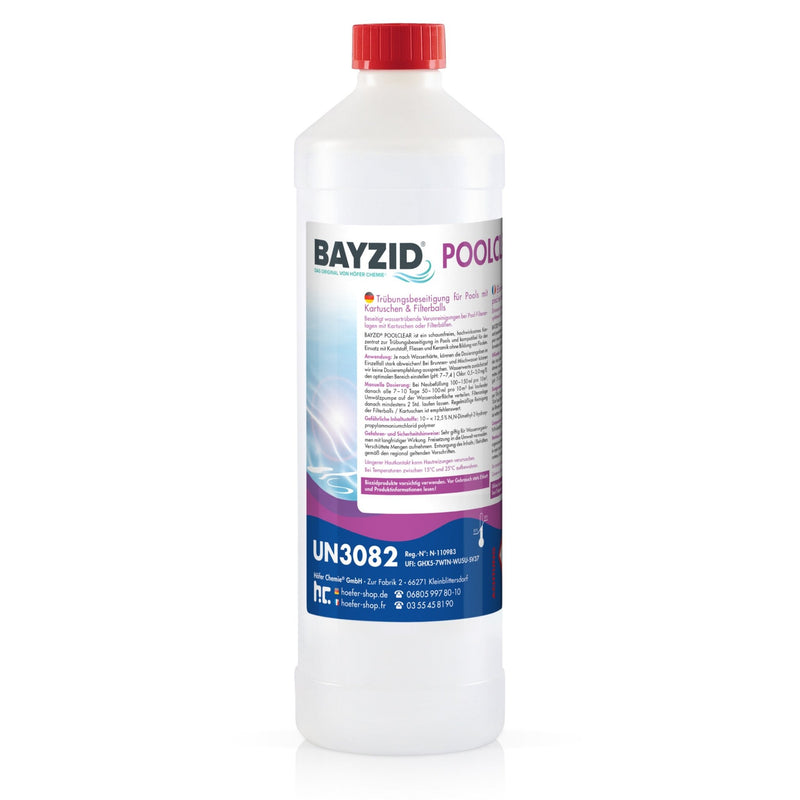 1 L BAYZID® Poolclear - Trübungsbeseitigung für Pool - Filter mit Kartuschen & Filterballs - Höfer Chemie GmbH