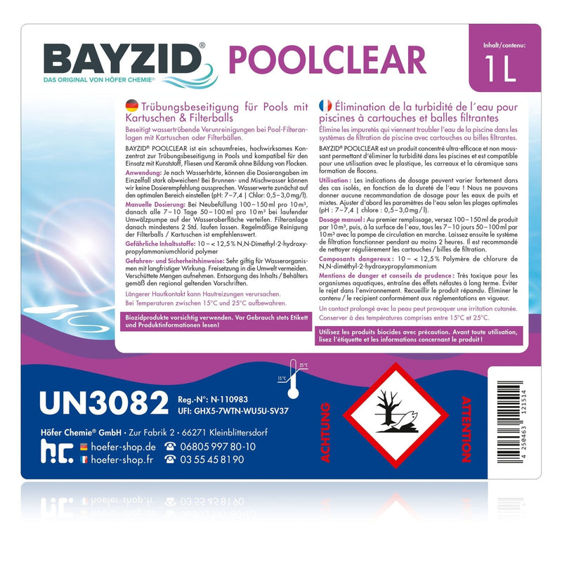 1 L BAYZID® Poolclear - Trübungsbeseitigung für Pool - Filter mit Kartuschen & Filterballs - Höfer Chemie GmbH
