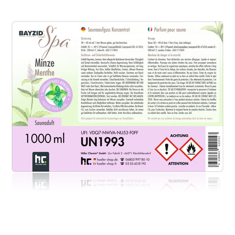 Parfum de sauna BAYZID® SPA - Menthe en bouteille de 1 L