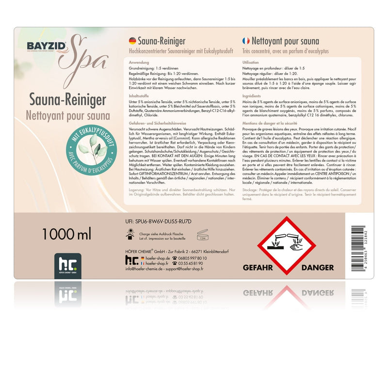 1 L BAYZID® SPA Saunareiniger mit Eukalyptusduft - hochkonzentriertes Reinigungsmittel - Höfer Chemie GmbH