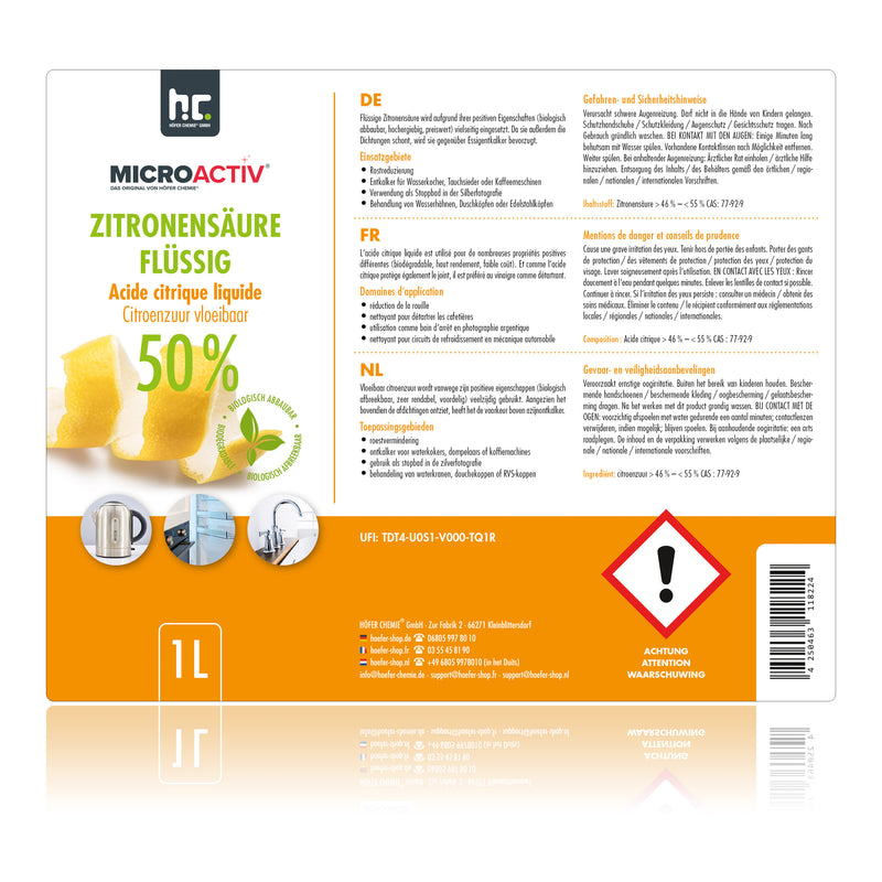 Acide Citrique Liquide 50% MICROACTIV® détartrant en bouteille de 1 L