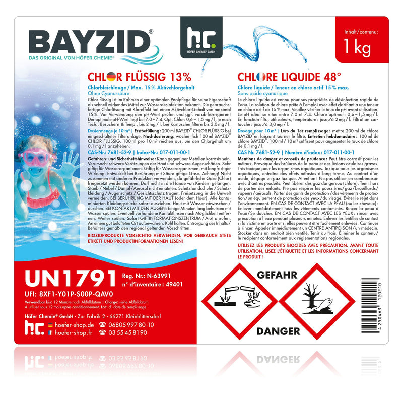 Chlore liquide 48° Bayzid® en bouteille de 1 KG