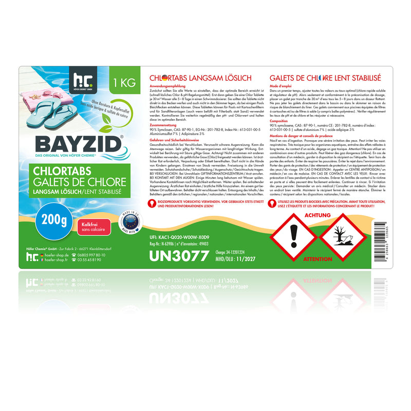 Galets de chlore lent Bayzid® de 200g en boîte de 1 KG