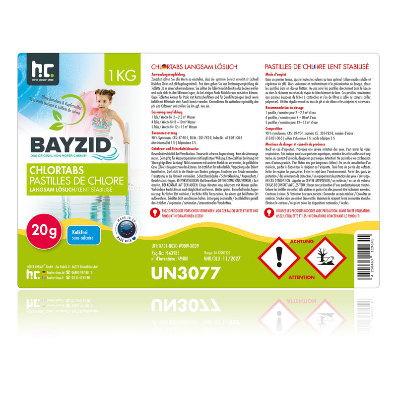 Pastilles de chlore lent soluble Bayzid® de 20g en boîte de 1 KG