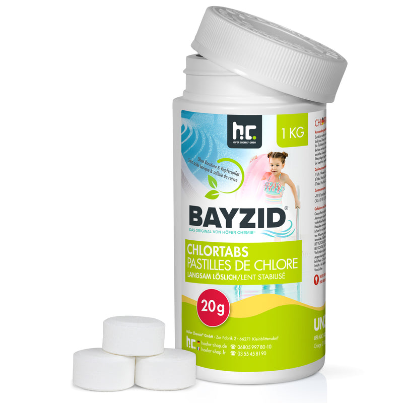 Pastilles de chlore lent soluble Bayzid® de 20g en boîte de 1 KG