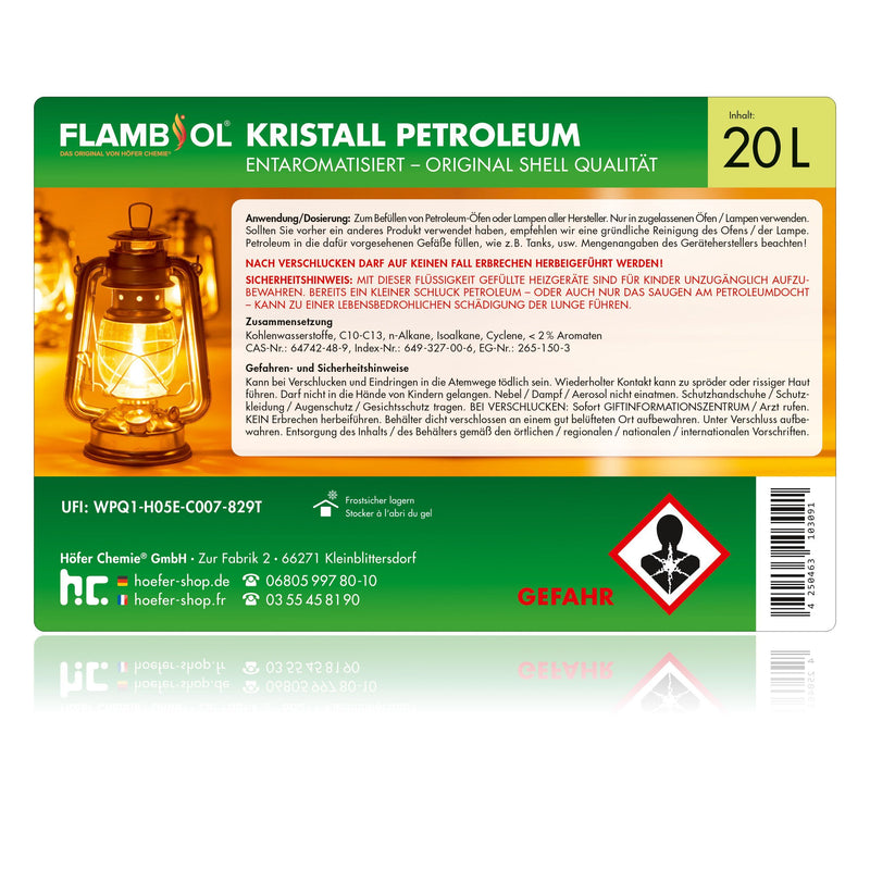 20 L FLAMBIOL® Petroleumstookolie in jerrycans