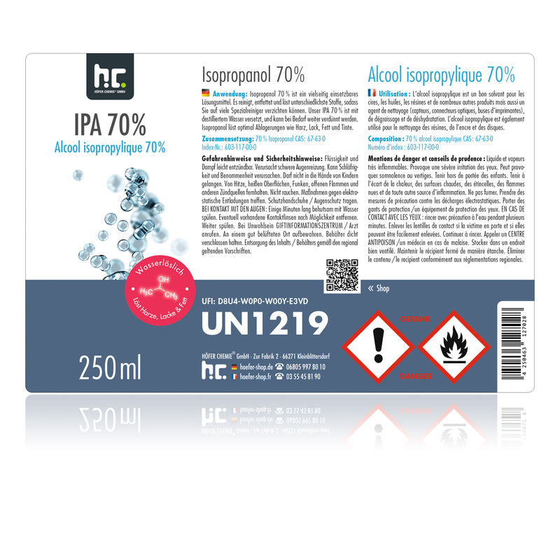 250 ml Höfer Chemie® Isopropanol 70% in spuitflessen