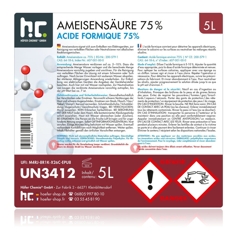 5 L Höfer Chemie® Ameisensäure 75% technische Qualität - Höfer Chemie GmbH