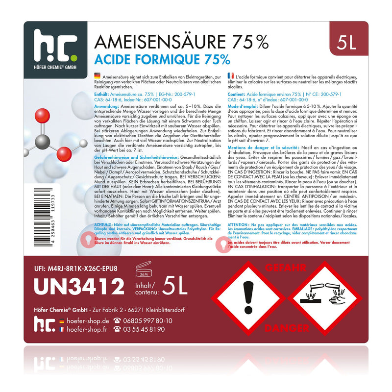 Acide formique 75% Höfer Chemie® qualite technique en bidon de 5 L