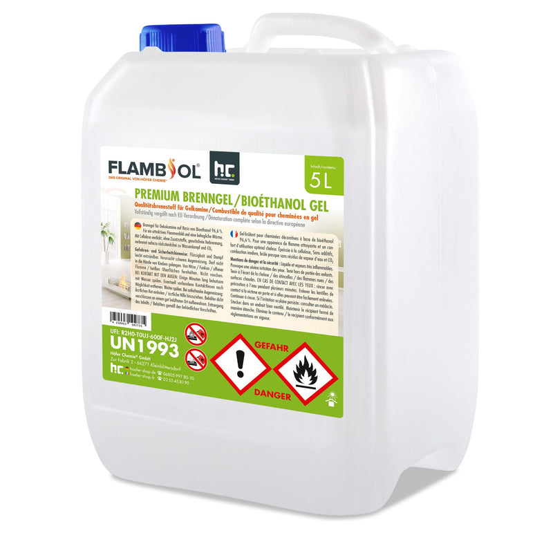 Bioéthanol premium en gel FLAMBIOL® en bidon de 5 L