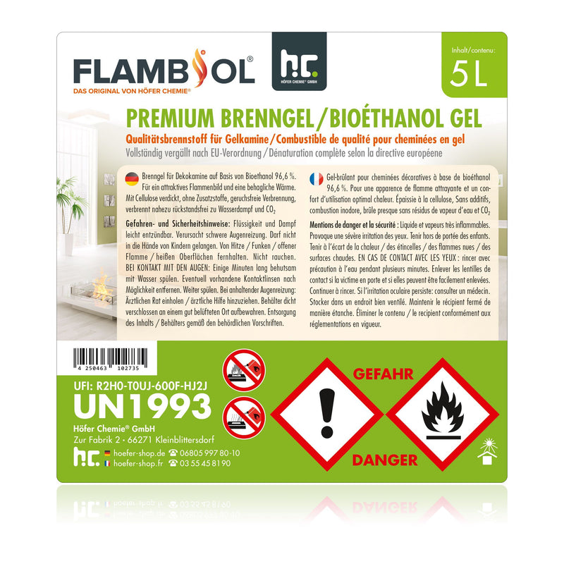 Bioéthanol premium en gel FLAMBIOL® en bidon de 5 L