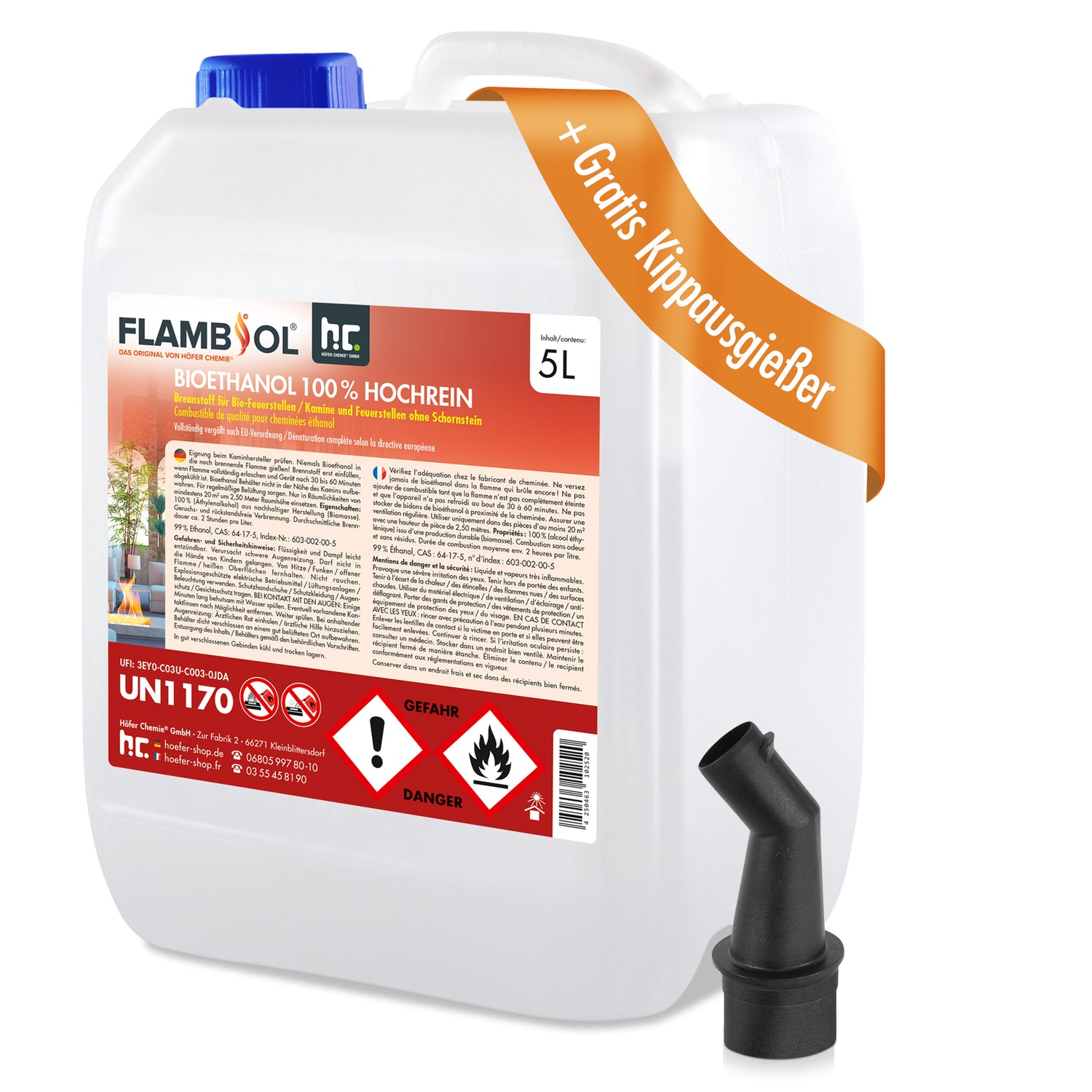 5 L FLAMBIOL® Bioethanol Hochrein 100 % rauch- und rußfrei in Kanistern– Höfer Chemie GmbH