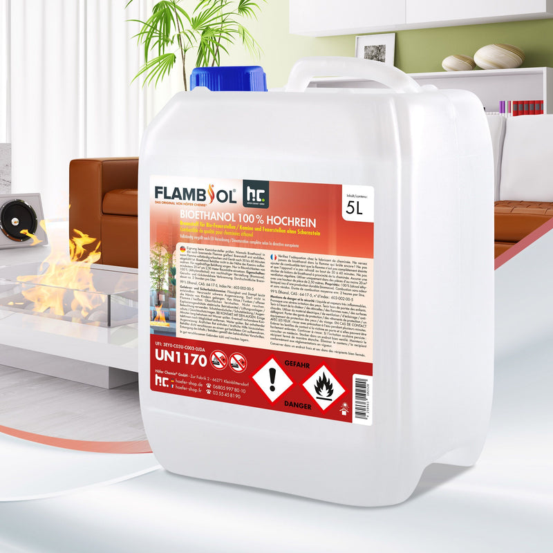 5 L FLAMBIOL® bio-ethanol, zeer zuiver, 100% rook- en roetvrij in jerrycans