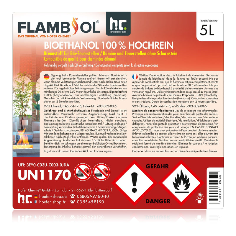 5 L FLAMBIOL® bio-ethanol, zeer zuiver, 100% rook- en roetvrij in jerrycans