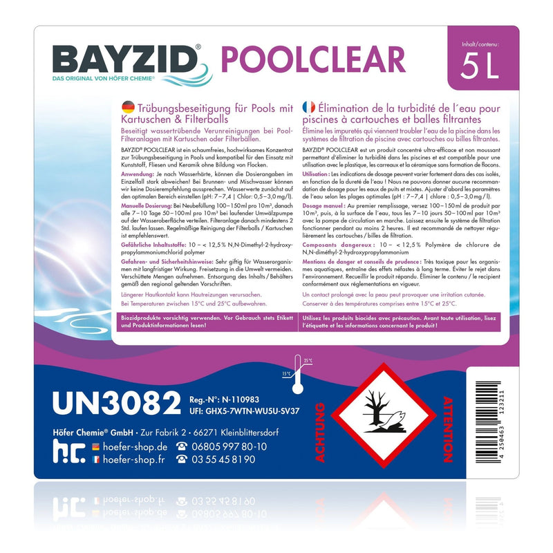 5 L BAYZID® Poolclear - Trübungsbeseitigung für Pool - Filter mit Kartuschen & Filterballs - Höfer Chemie GmbH