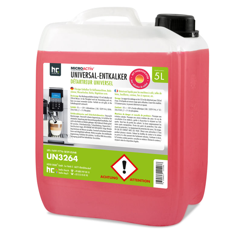 Détartrant universel Microactiv® avec indicateur de couleur pour machines à café entièrement automatiques en bidon de 5 L