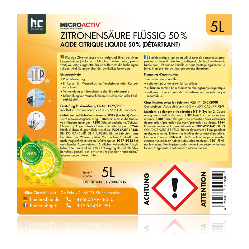 Acide Citrique Liquide 50% Microactiv® détartrant en bidon de 5 L