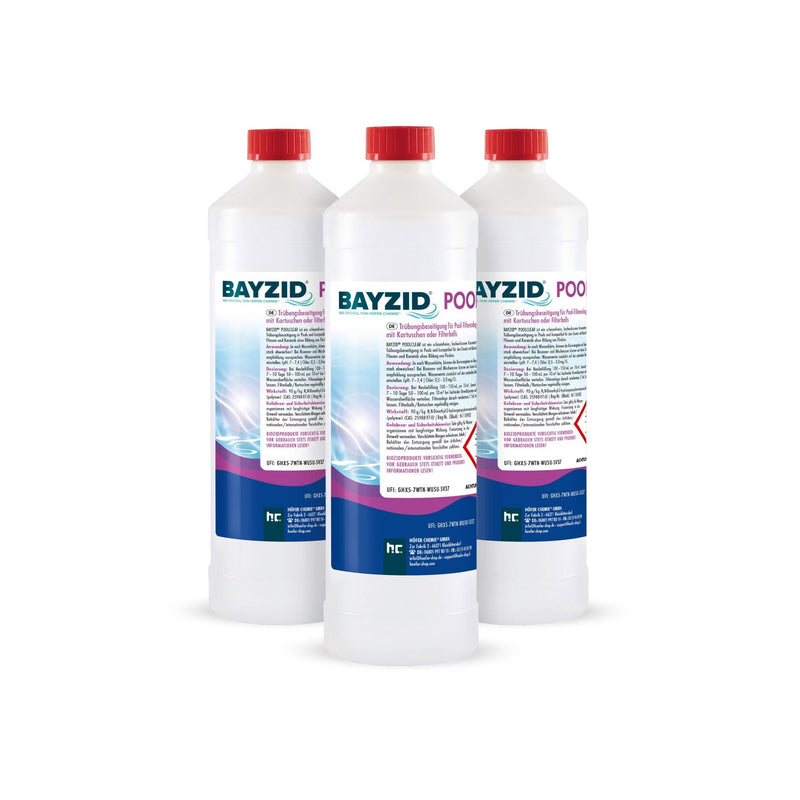 1 L BAYZID® Poolclear - Trübungsbeseitigung für Pool-Filter mit Kartuschen & Filterballs - Höfer Chemie GmbH