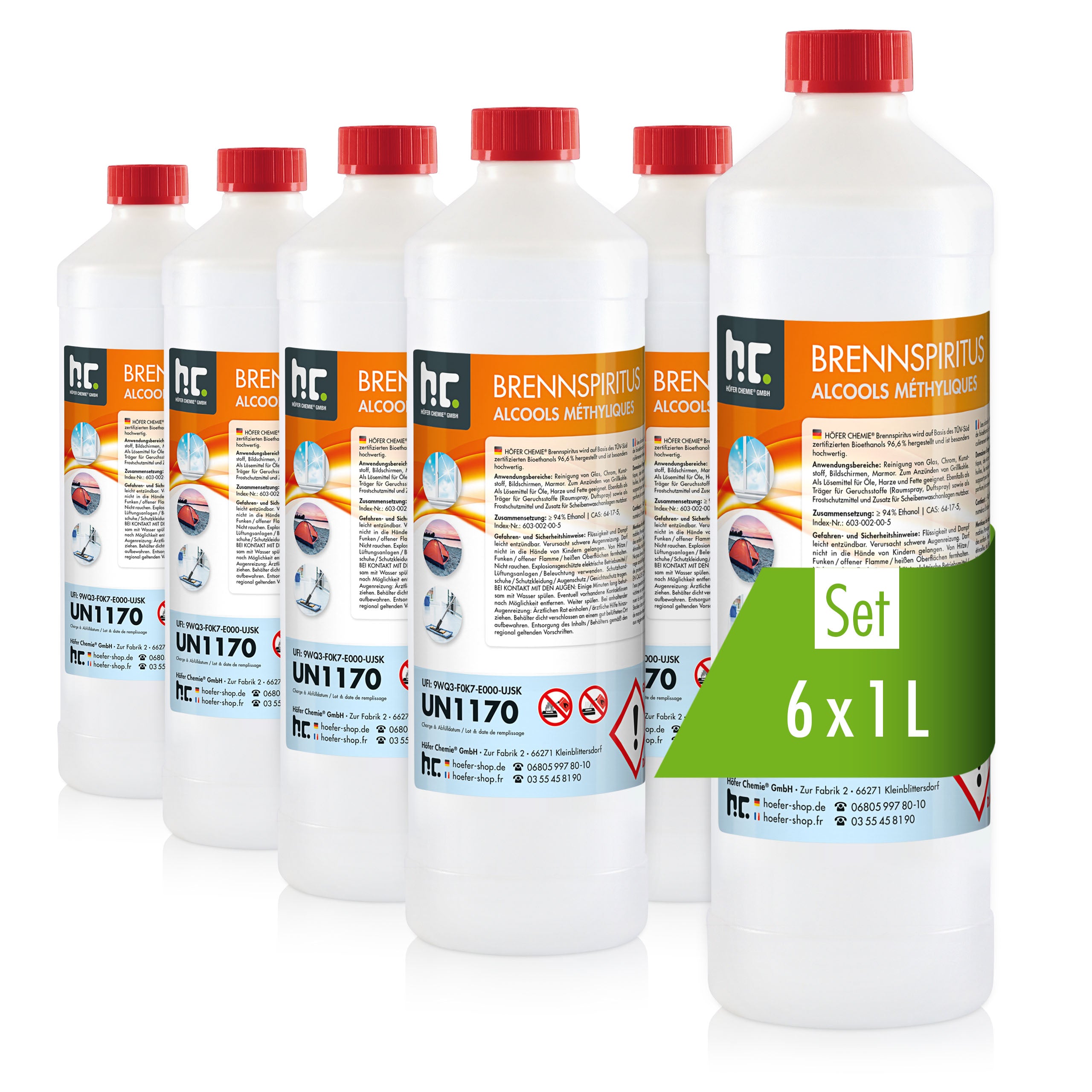 spiritus aufbewahren 1 L Höfer Chemie® Brennspiritus 94% in Flaschen 6