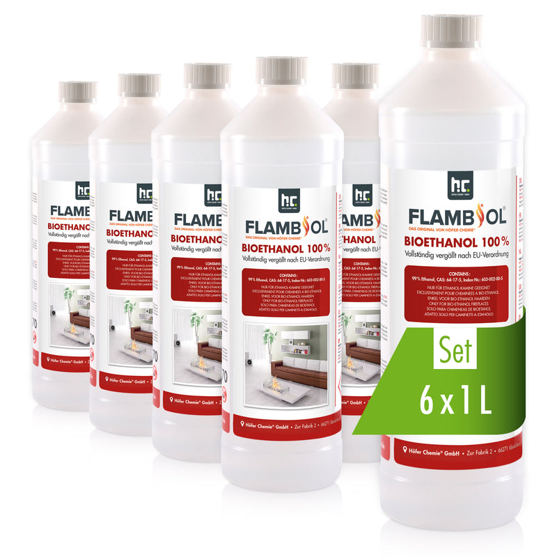 1 L FLAMBIOL® Bioethanol Hochrein 100 % in Flaschen für Edelstahl-Tisch-Kamine