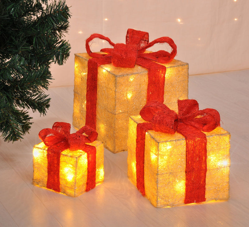 3er Set LED Geschenkbox mit Timer - Beige/rot