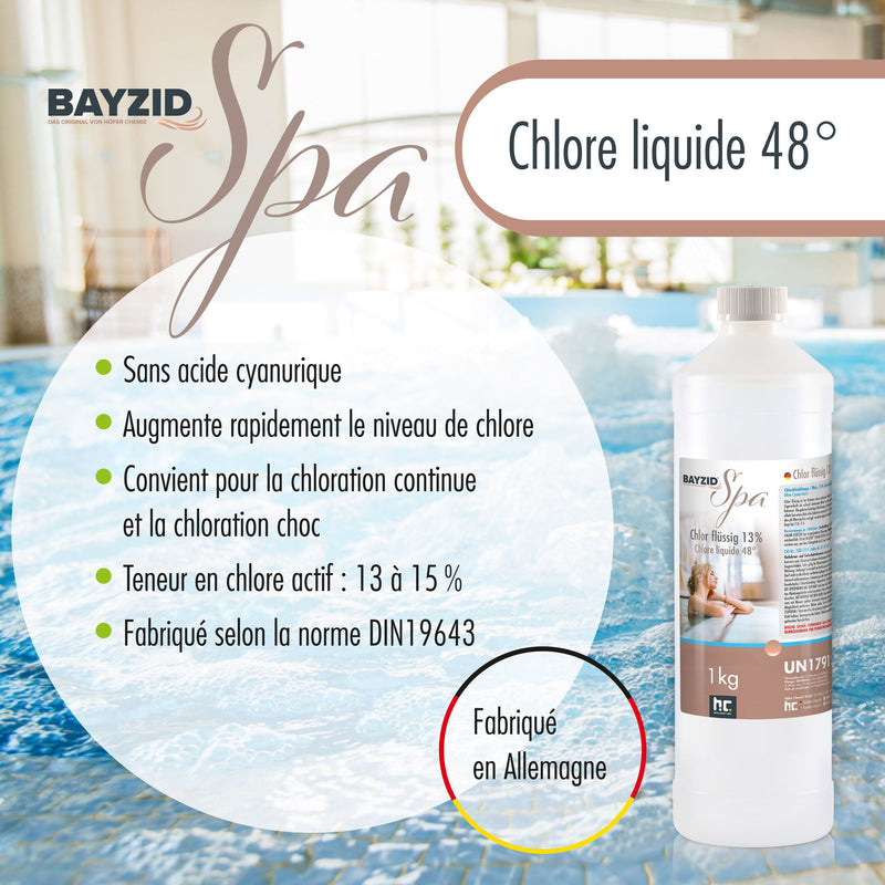 chlore liquide BAYZID® SPA pour spas et pataugeoires en bouteille de 1 KG