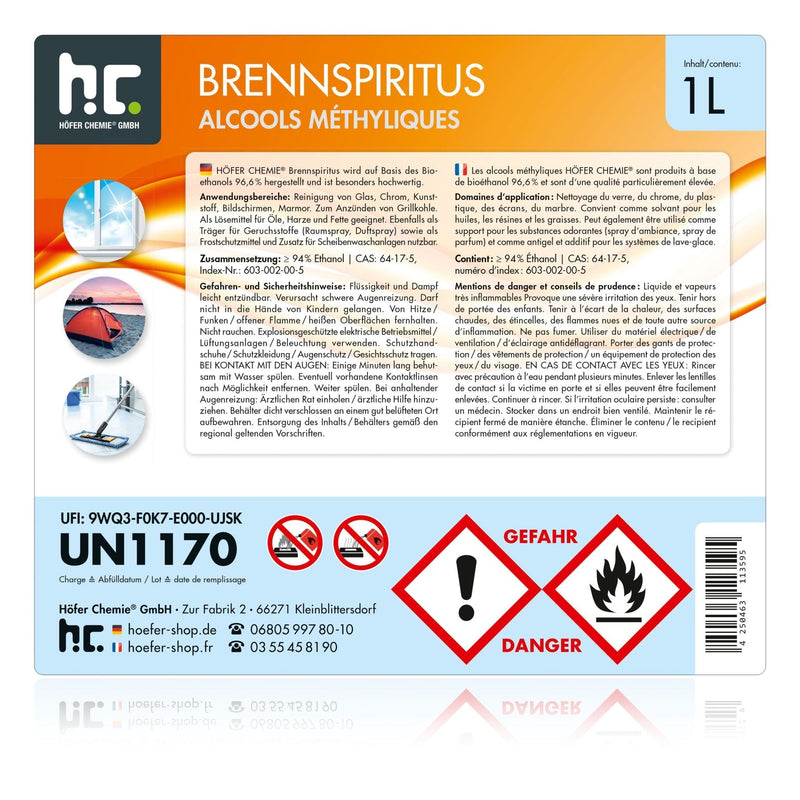1 L Höfer Chemie® Brennspiritus 94% in Flaschen - Höfer Chemie GmbH