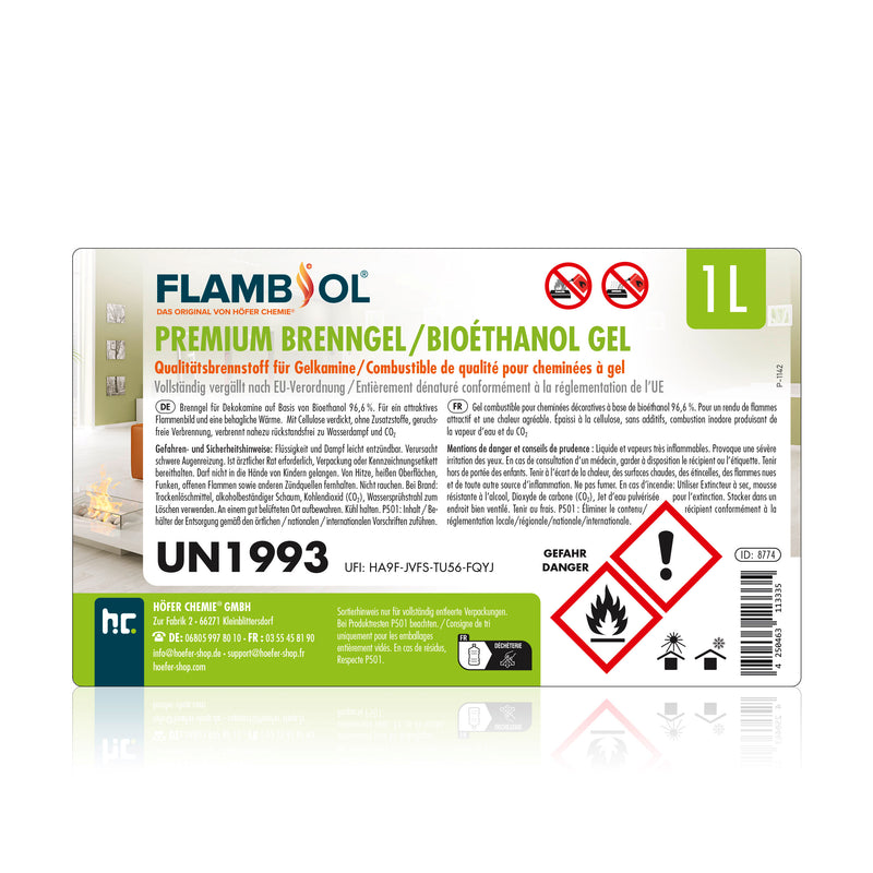 1 L FLAMBIOL® Premium Brenngel aus Bioethanol für Tischfeuer in Flaschen - Höfer Chemie GmbH