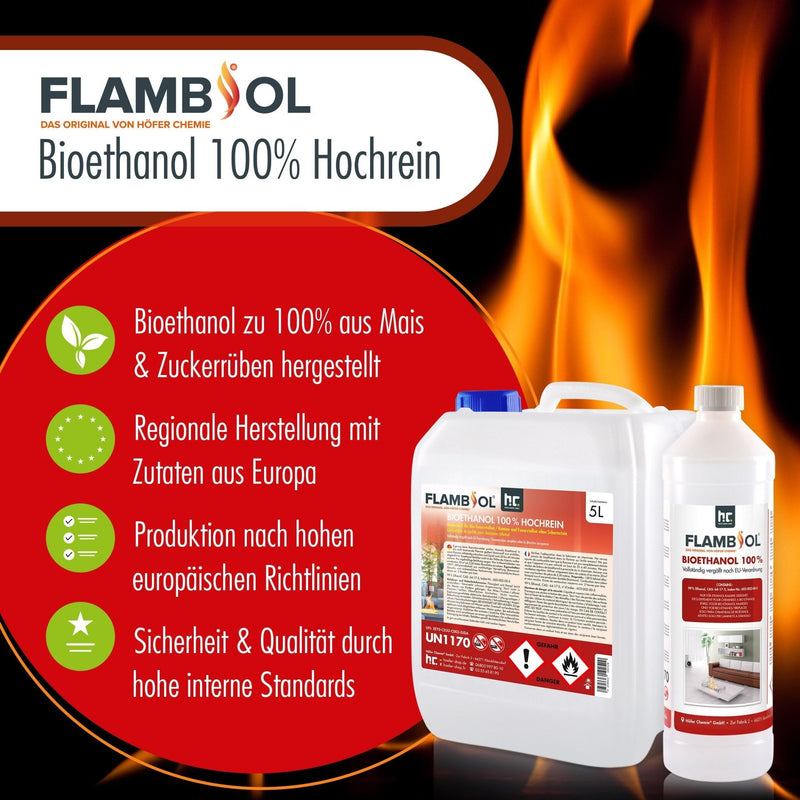 1 L FLAMBIOL® Bioethanol Hochrein 100 % in Flaschen für Edelstahl - Tisch - Kamine - Höfer Chemie GmbH